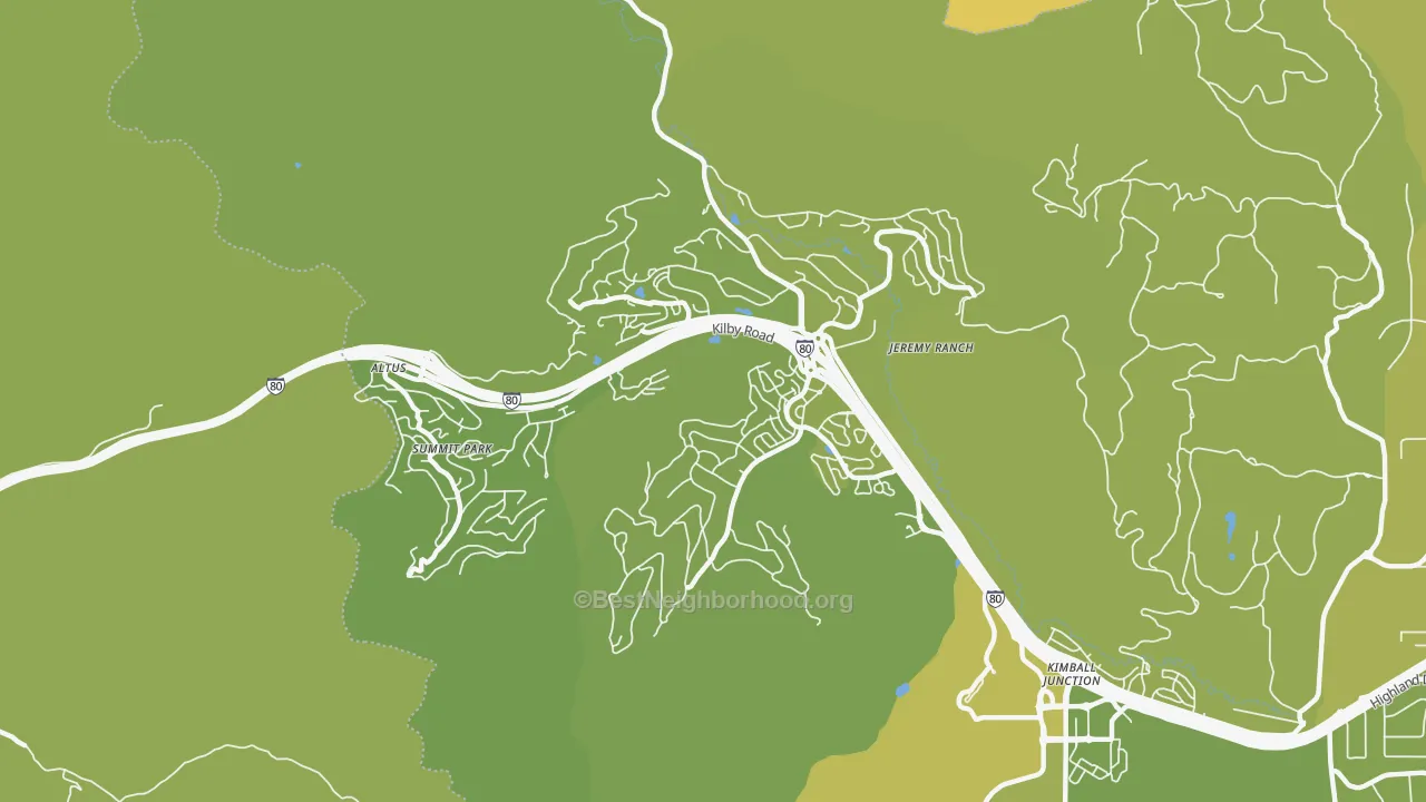 Map of the best neighborhoods in the Summit Park area, with better matches in green and worse matches in red