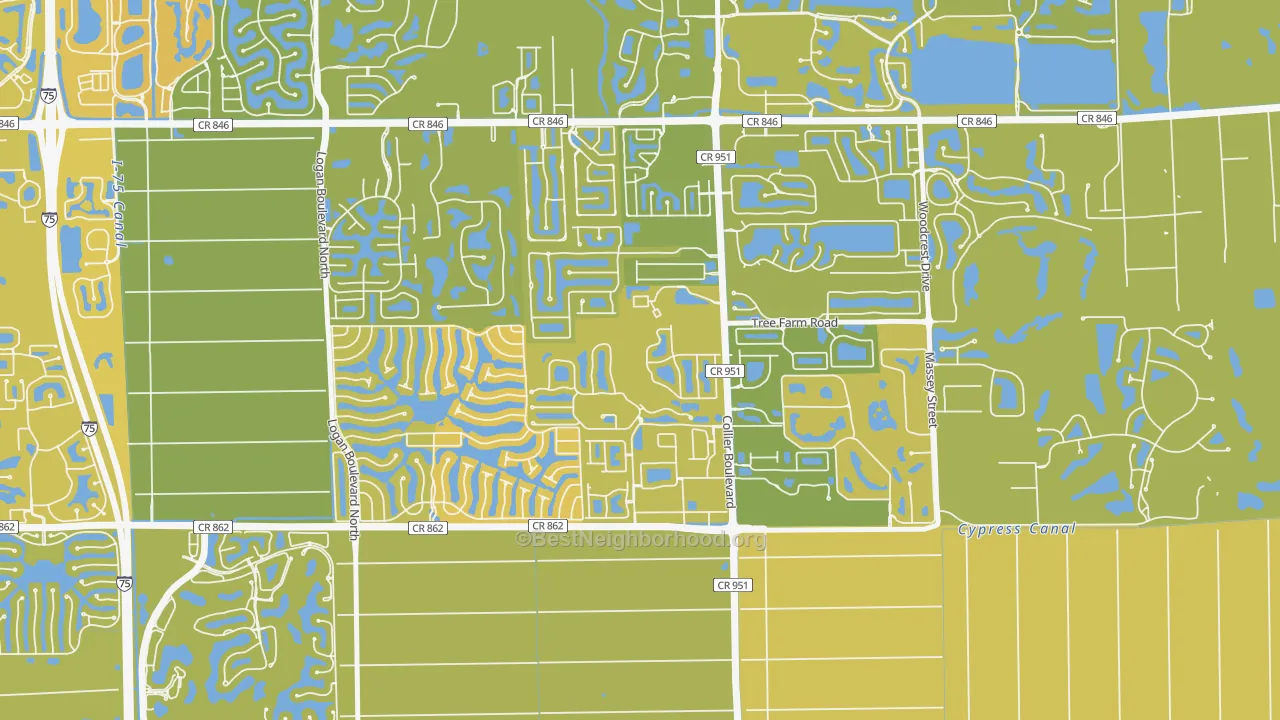 Map of the best neighborhoods in the Summit Place in Naples, Naples area, with better matches in green and worse matches in red