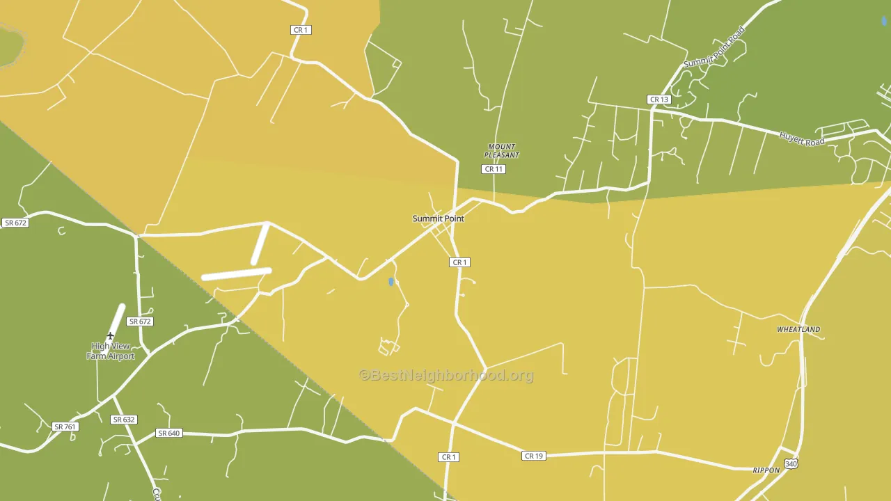 Map of the best neighborhoods in the Summit Point area, with better matches in green and worse matches in red