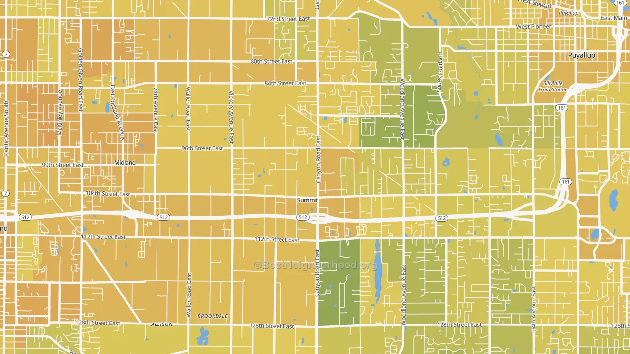 Map of the best neighborhoods in the Summit, Puyallup area, with better matches in green and worse matches in red