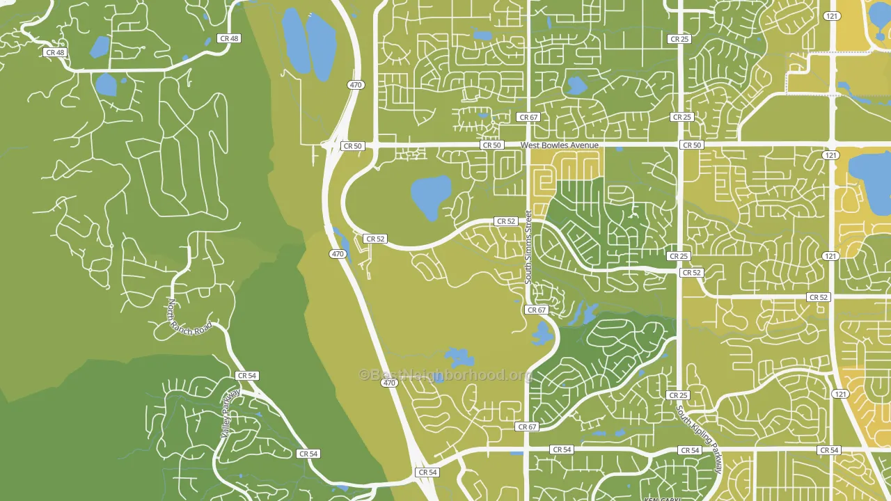 Map of the best neighborhoods in the Summit Ridge at West Meadows, Dakota Ridge area, with better matches in green and worse matches in red