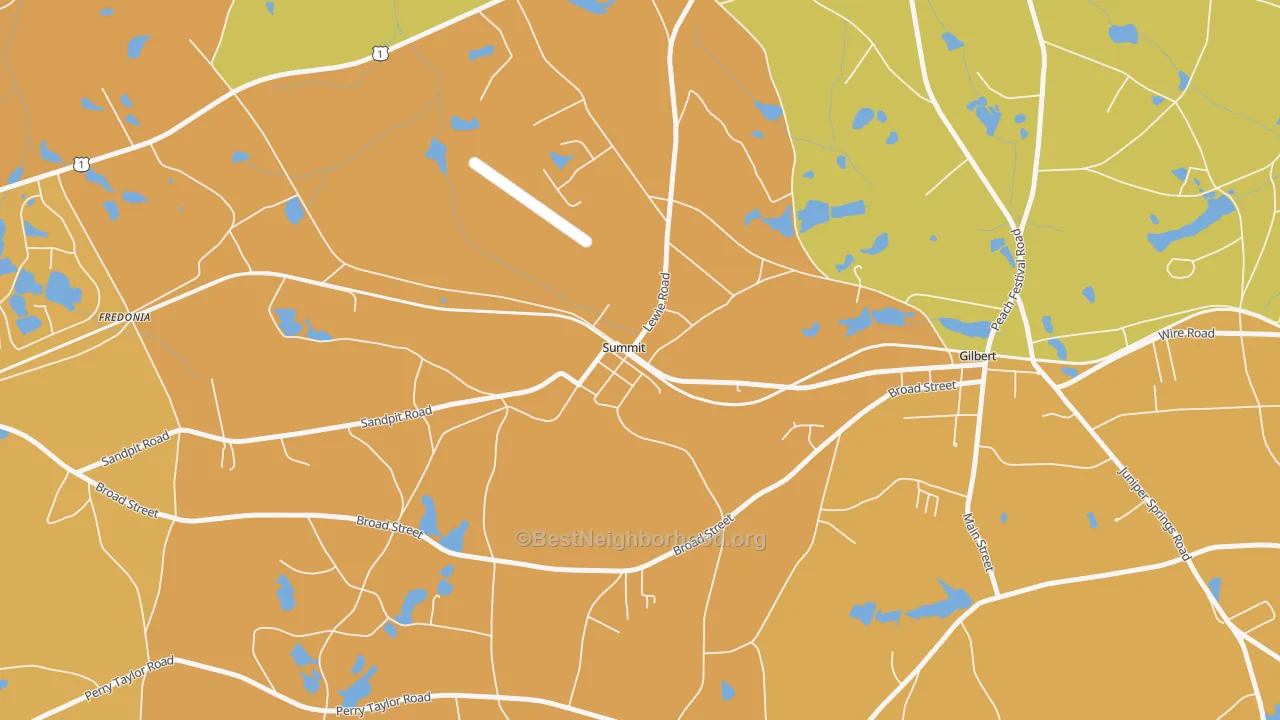 Map of the best neighborhoods in the Summit area, with better matches in green and worse matches in red