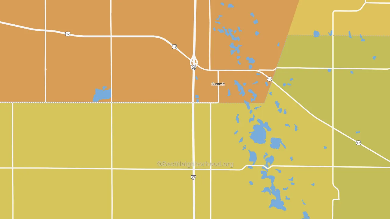 Map of the best neighborhoods in the Summit area, with better matches in green and worse matches in red