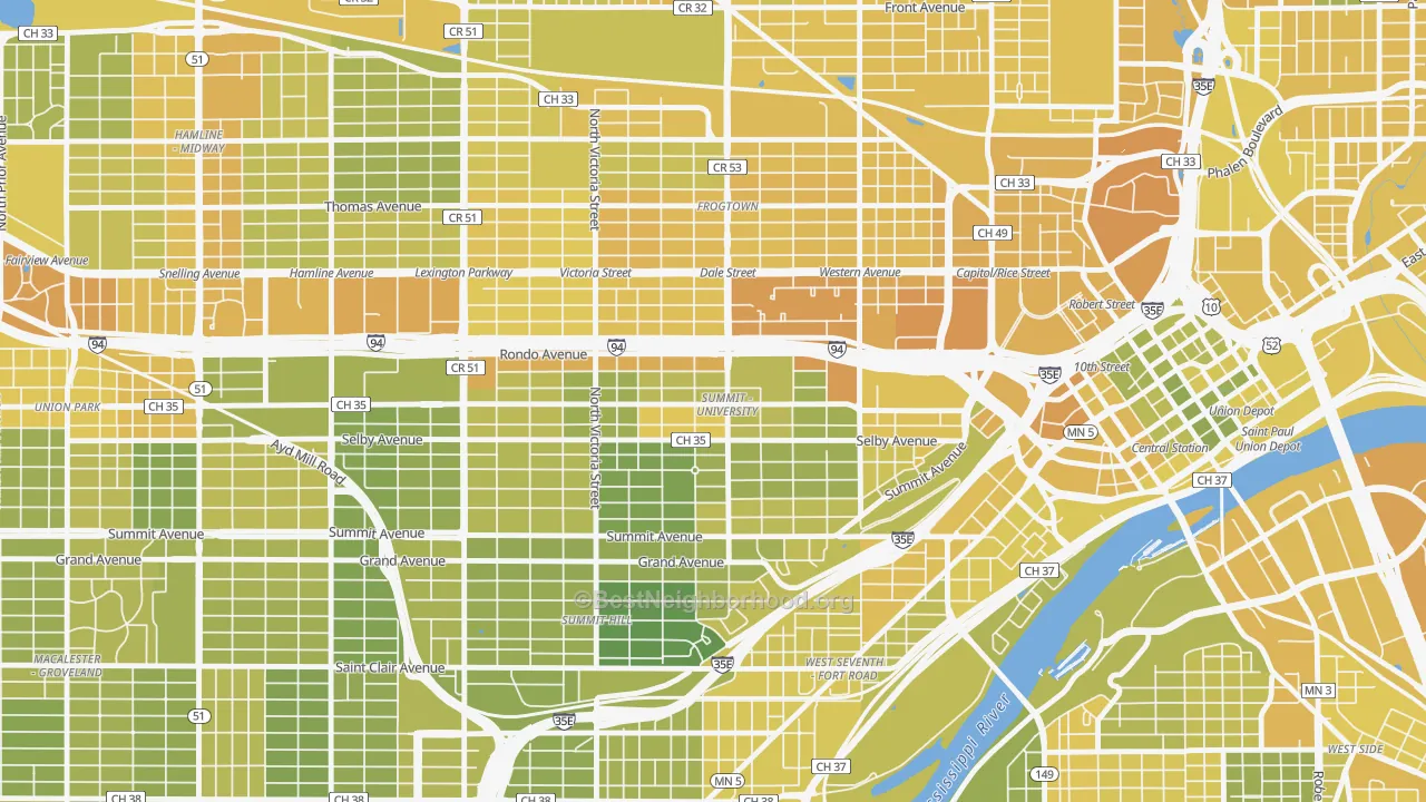 Map of the best neighborhoods in the Summit-University, St. Paul area, with better matches in green and worse matches in red