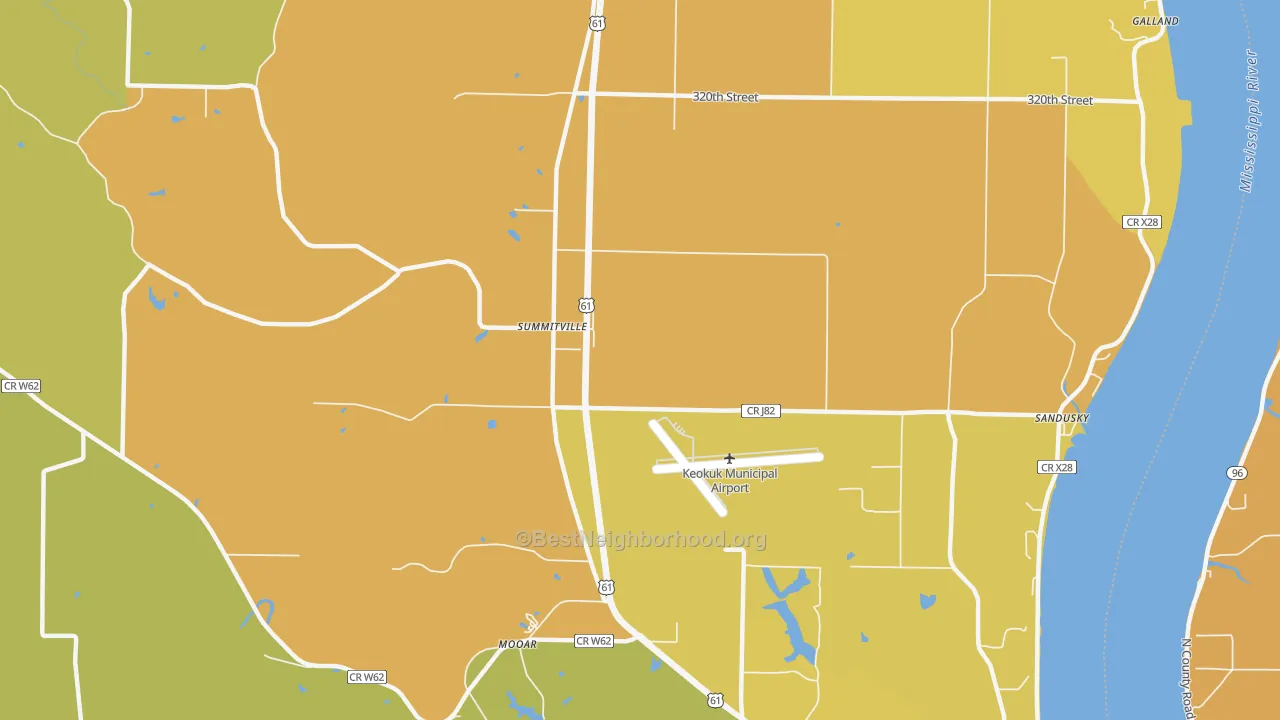 Map of the best neighborhoods in the Summitville area, with better matches in green and worse matches in red
