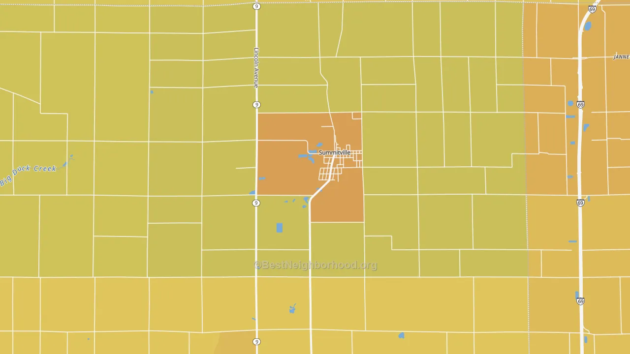 Map of the best neighborhoods in the Summitville area, with better matches in green and worse matches in red