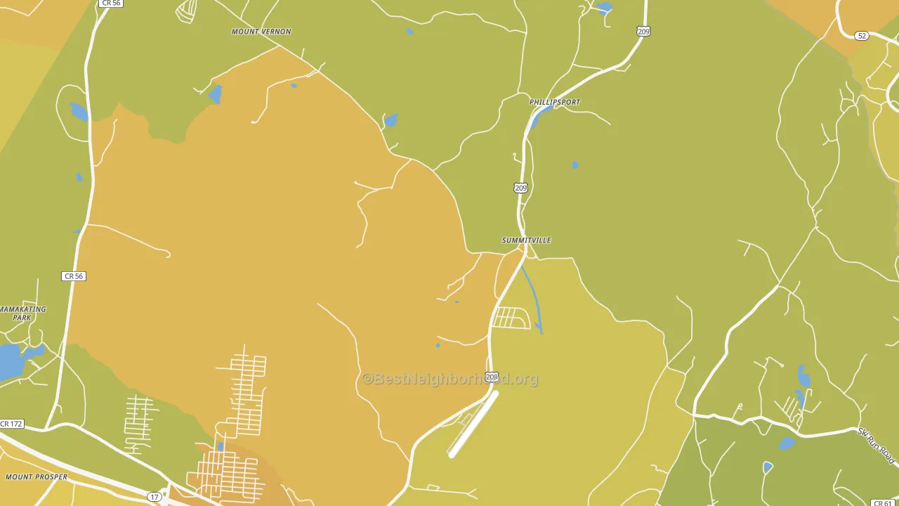 Map of the best neighborhoods in the Summitville area, with better matches in green and worse matches in red