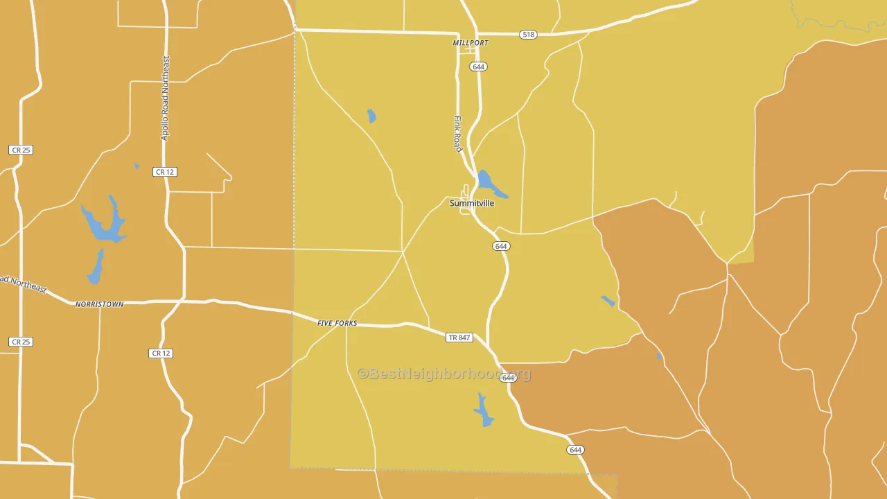 Map of the best neighborhoods in the Summitville area, with better matches in green and worse matches in red