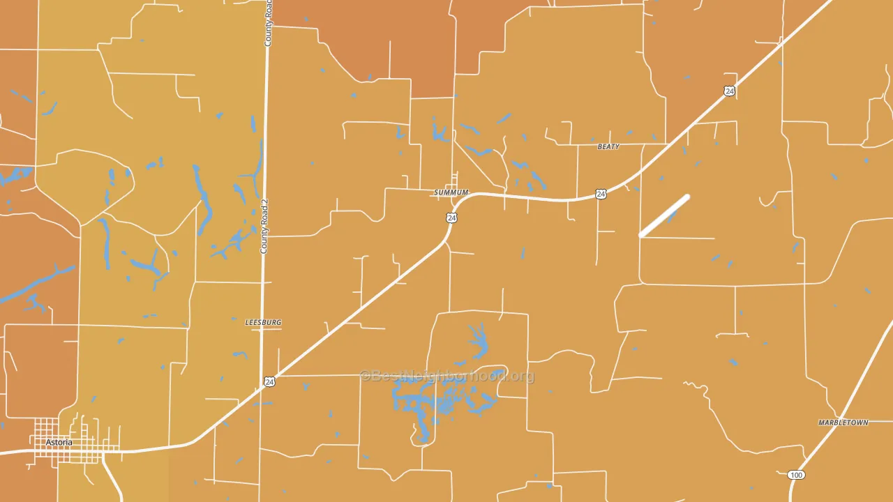Map of the best neighborhoods in the Summum area, with better matches in green and worse matches in red