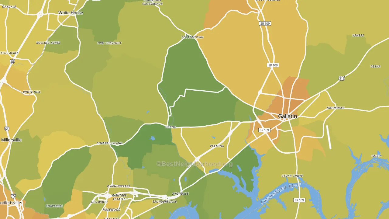 Map of the best neighborhoods in the Sumner County area, with better matches in green and worse matches in red