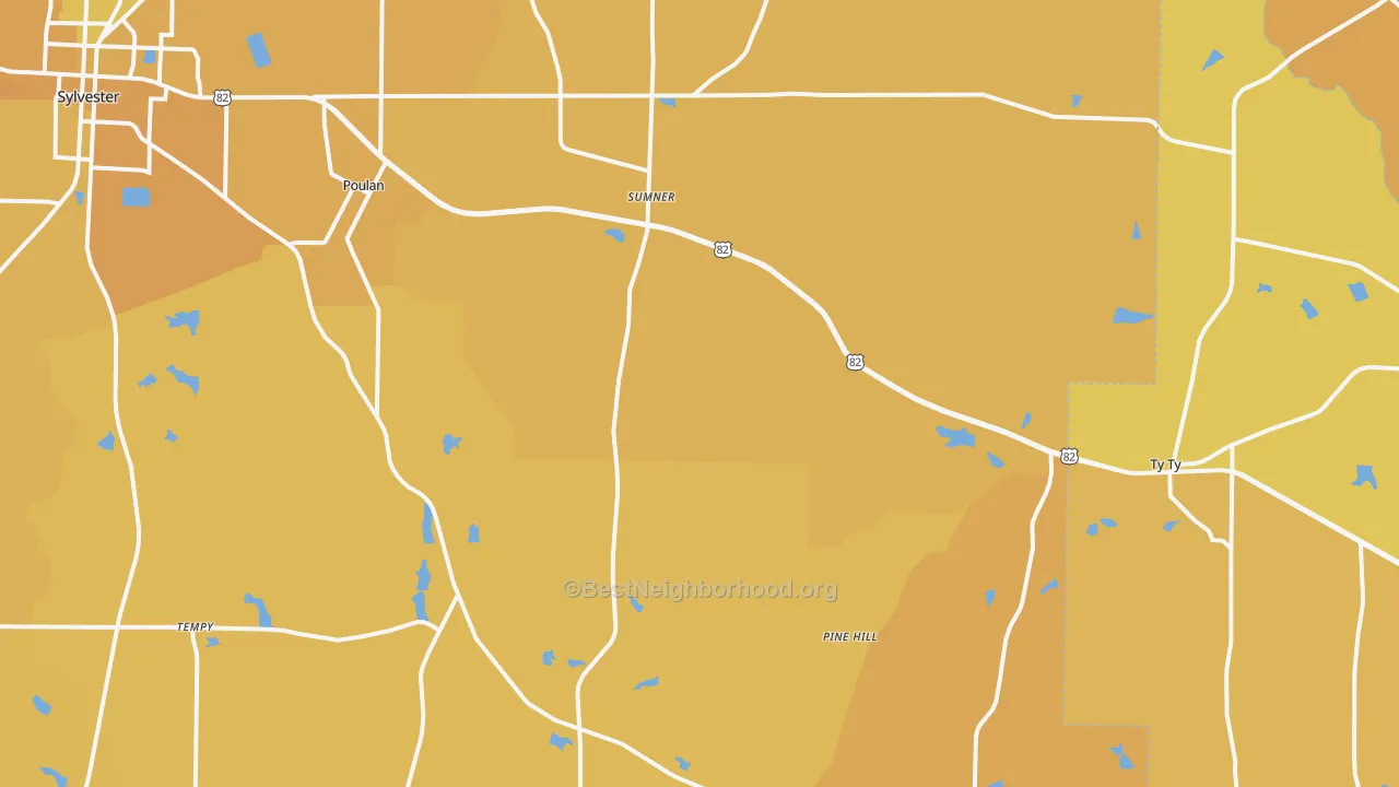 Map of the best neighborhoods in the Sumner area, with better matches in green and worse matches in red