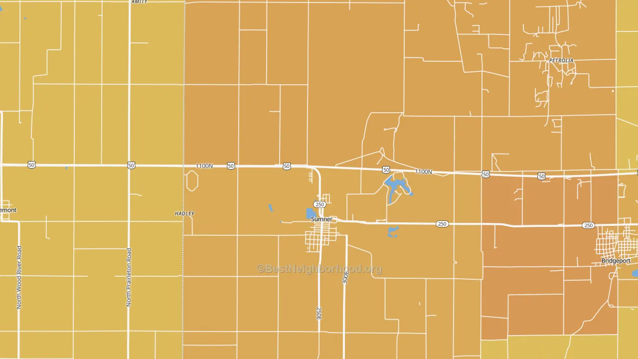 Map of the best neighborhoods in the Sumner area, with better matches in green and worse matches in red