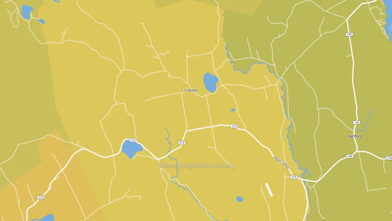 Map of the best neighborhoods in the Sumner area, with better matches in green and worse matches in red