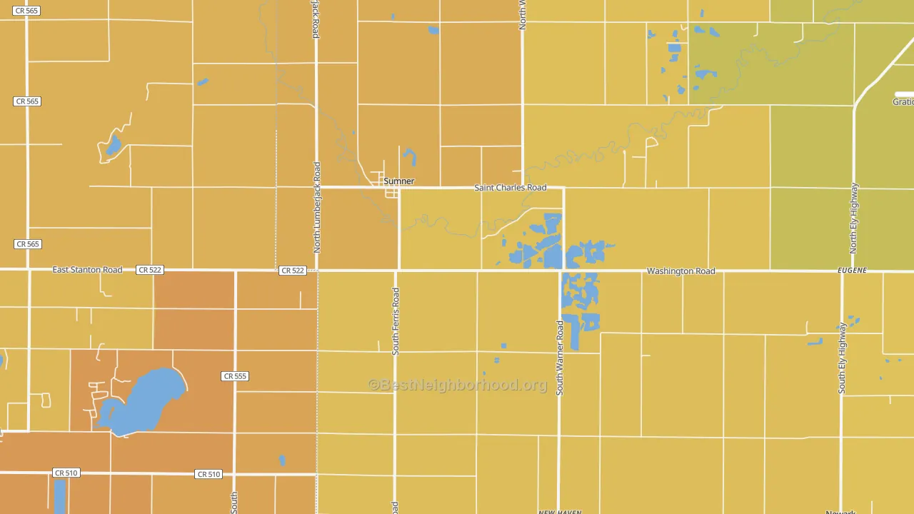 Map of the best neighborhoods in the Sumner area, with better matches in green and worse matches in red