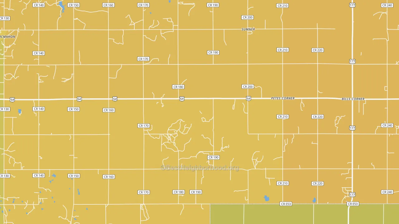 Map of the best neighborhoods in the Sumner area, with better matches in green and worse matches in red
