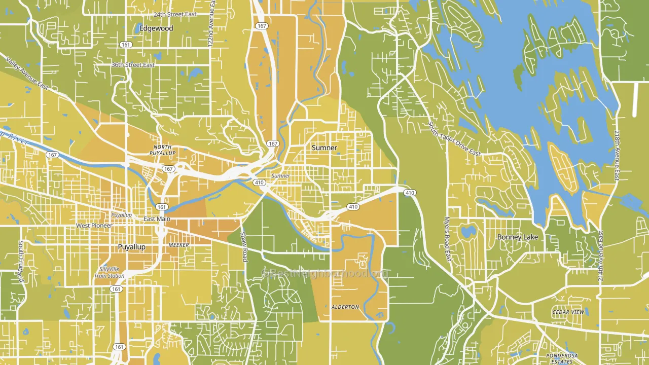 Map of the best neighborhoods in the Sumner area, with better matches in green and worse matches in red