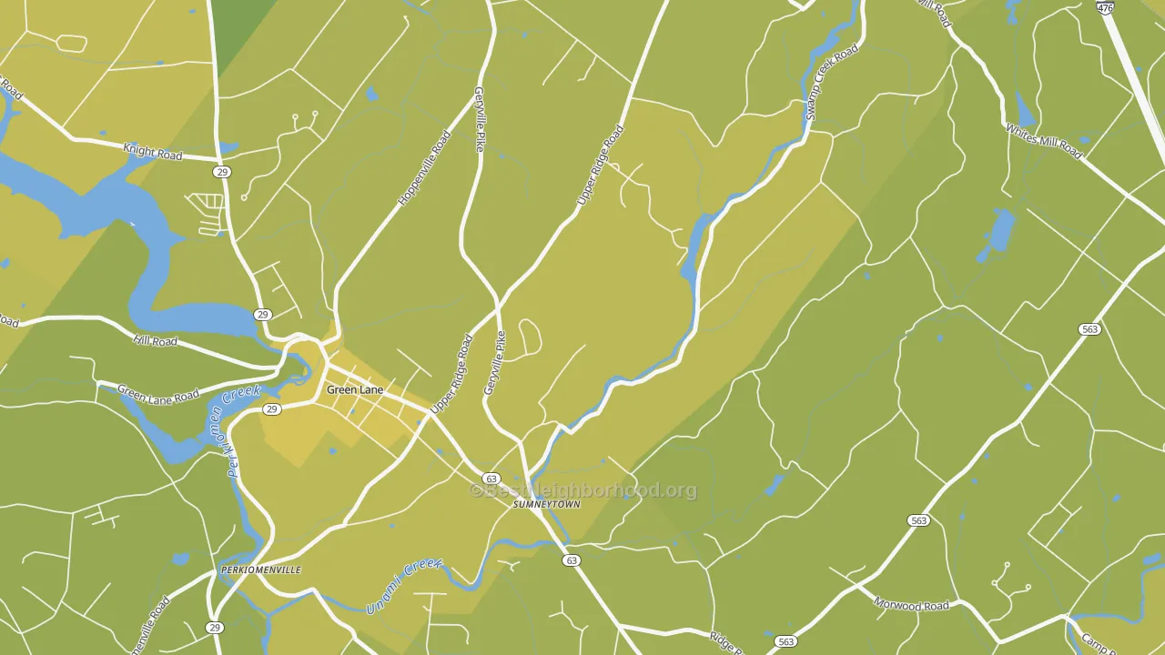 Map of the best neighborhoods in the Sumneytown area, with better matches in green and worse matches in red