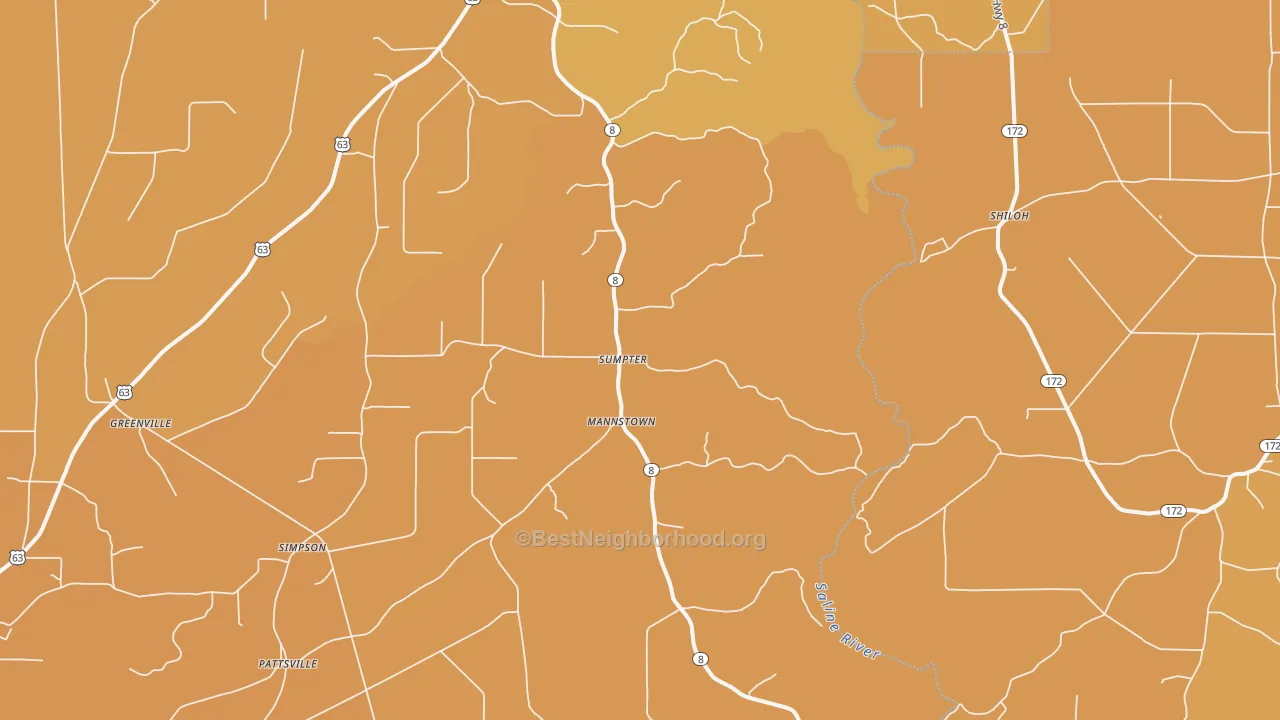 Map of the best neighborhoods in the Sumpter area, with better matches in green and worse matches in red