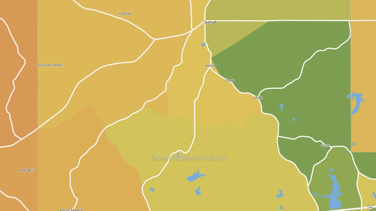 Map of the best neighborhoods in the Sumrall area, with better matches in green and worse matches in red