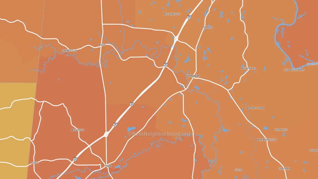 Map of the best neighborhoods in the Sumter County area, with better matches in green and worse matches in red