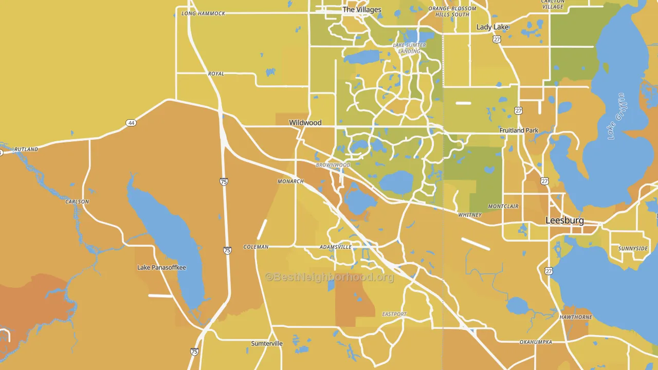 Map of the best neighborhoods in the Sumter County area, with better matches in green and worse matches in red