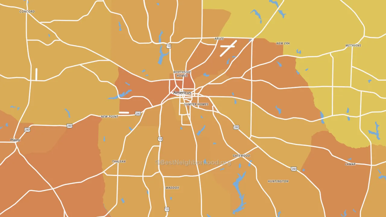 Map of the best neighborhoods in the Sumter County area, with better matches in green and worse matches in red