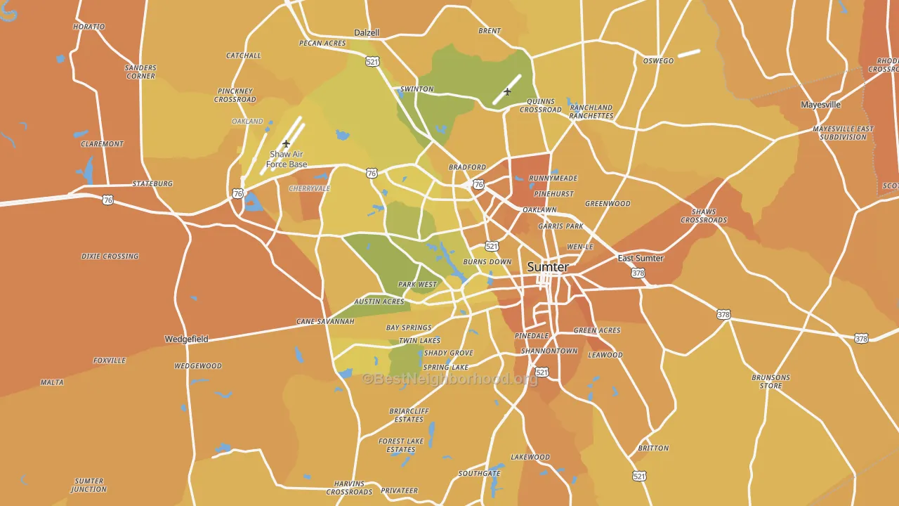 Map of the best neighborhoods in the Sumter County area, with better matches in green and worse matches in red