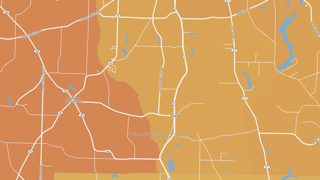 Map of the best neighborhoods in the Sumter area, with better matches in green and worse matches in red
