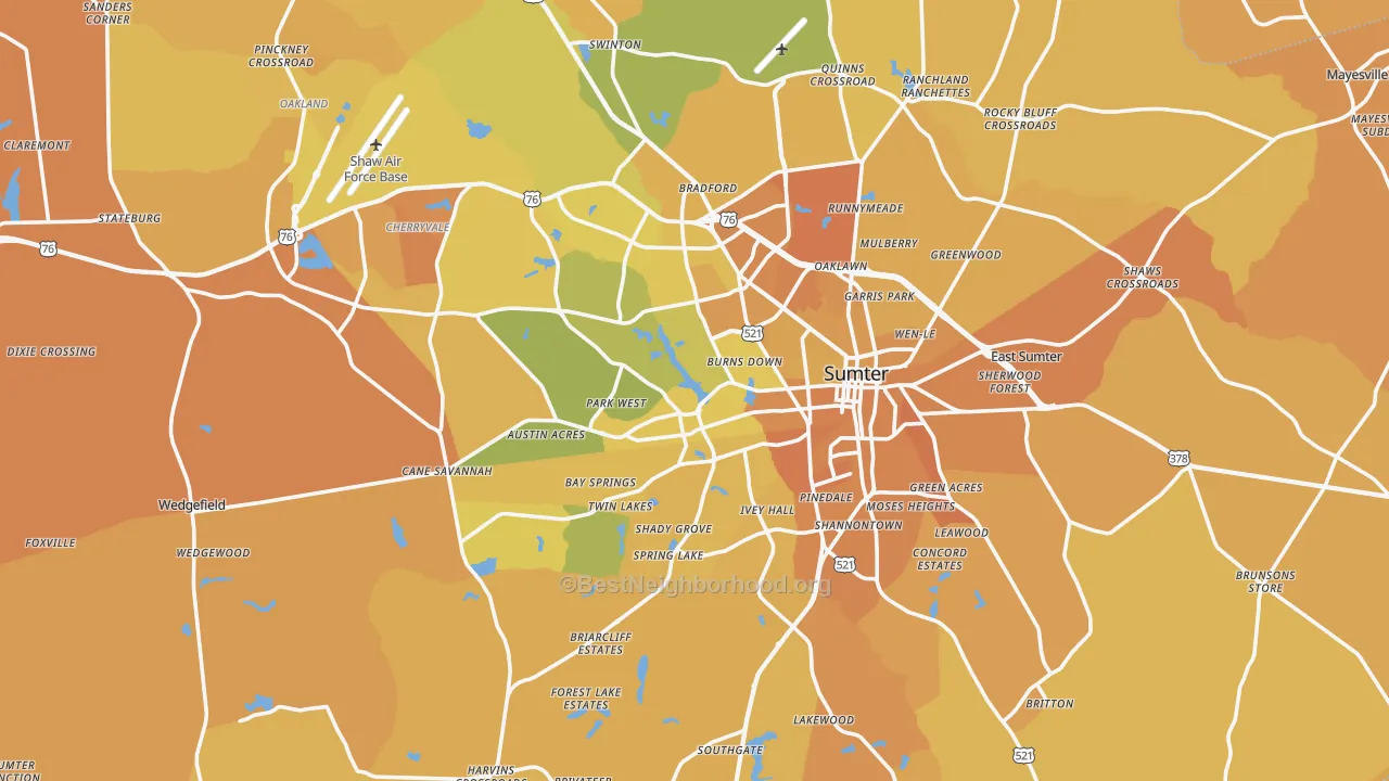 Map of the best neighborhoods in the Sumter Metro area, with better matches in green and worse matches in red
