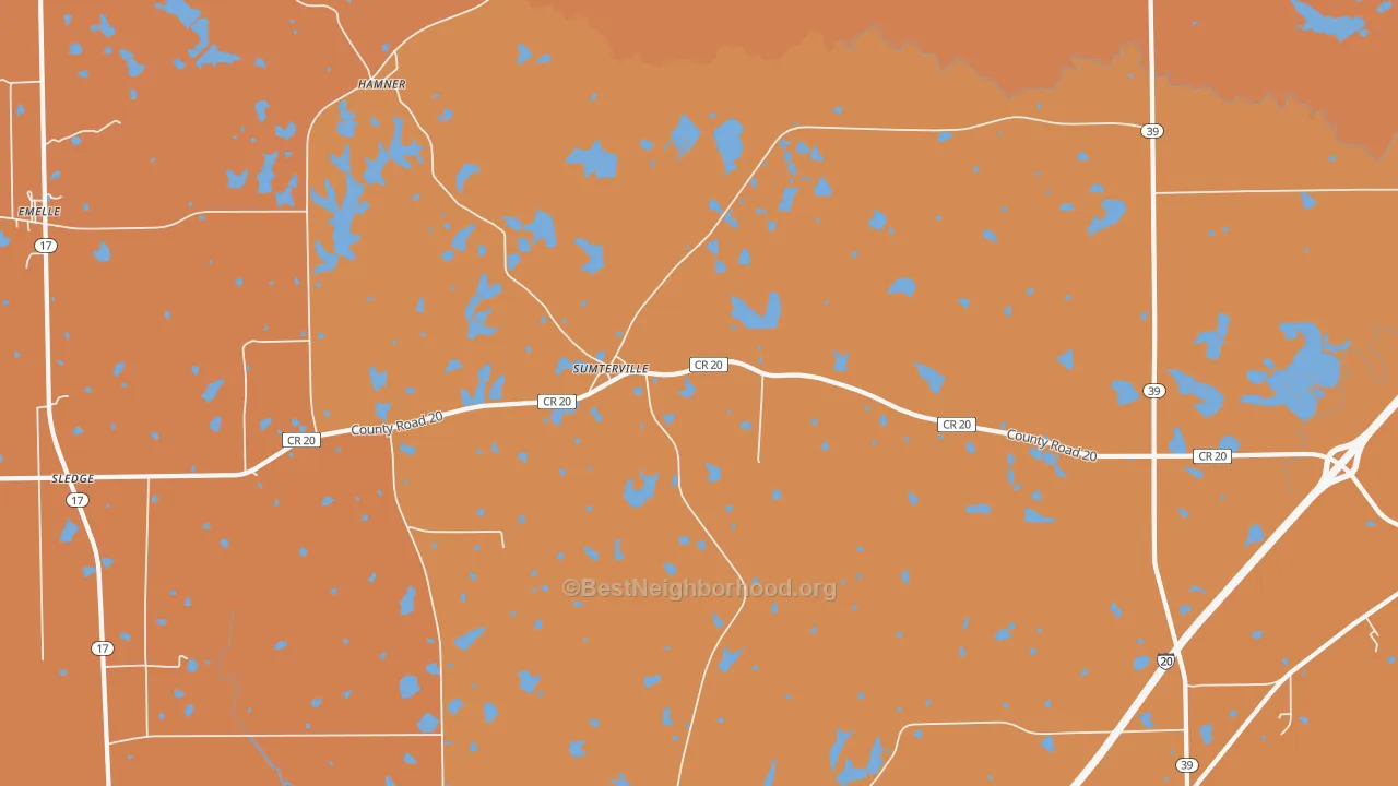Map of the best neighborhoods in the Sumterville area, with better matches in green and worse matches in red