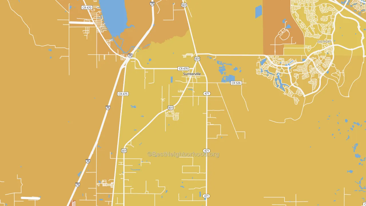 Map of the best neighborhoods in the Sumterville area, with better matches in green and worse matches in red