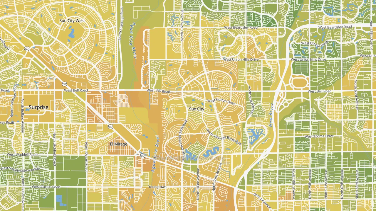 Map of the best neighborhoods in the Sun City area, with better matches in green and worse matches in red