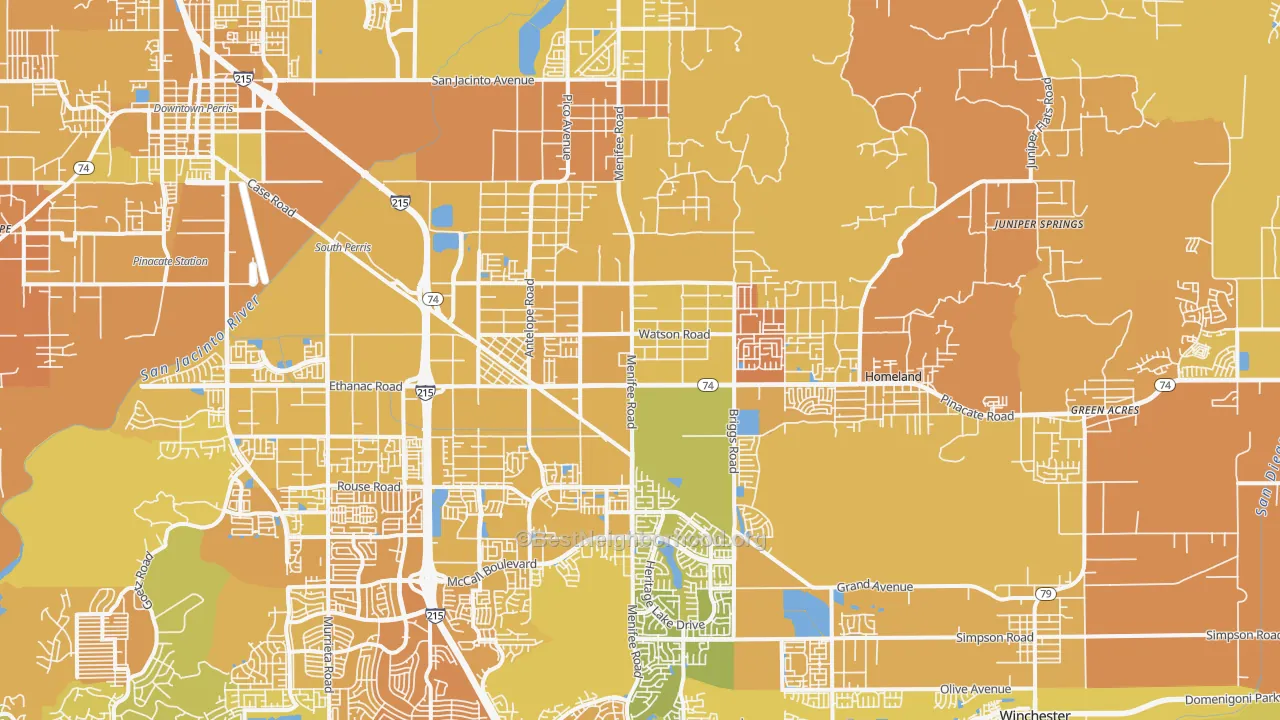Map of the best neighborhoods in the Sun City area, with better matches in green and worse matches in red