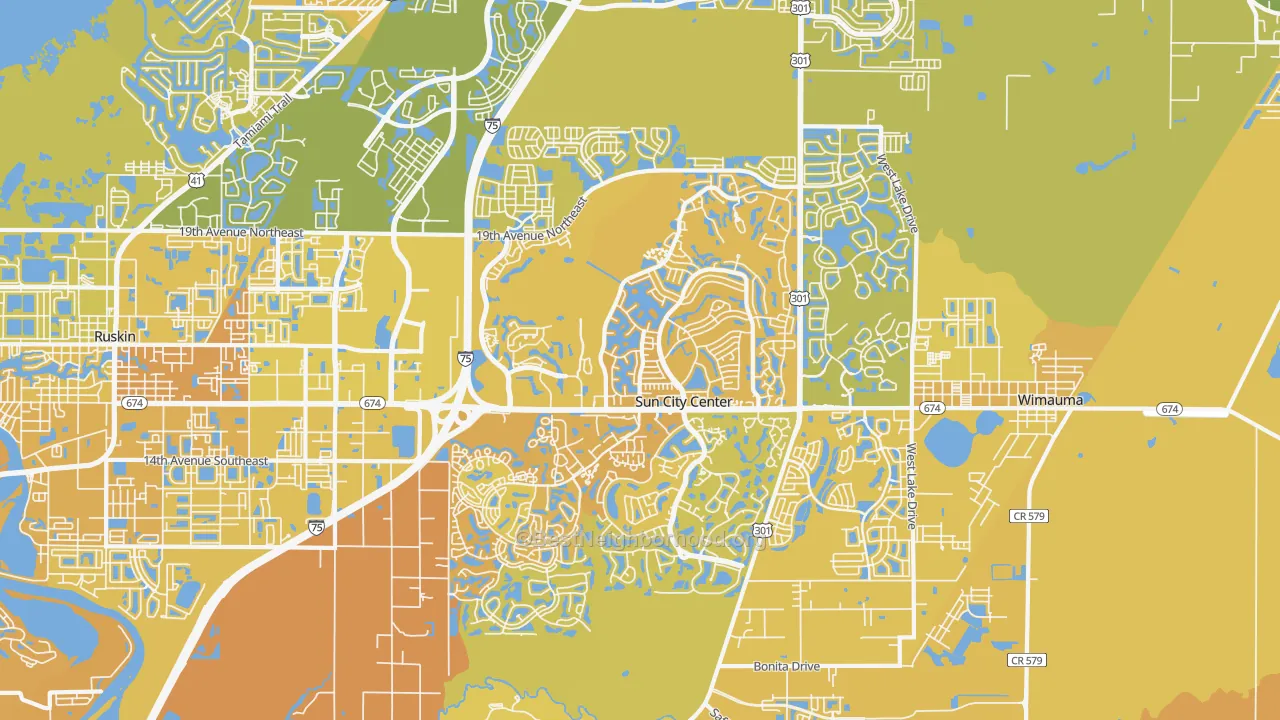 Map of the best neighborhoods in the Sun City Center area, with better matches in green and worse matches in red