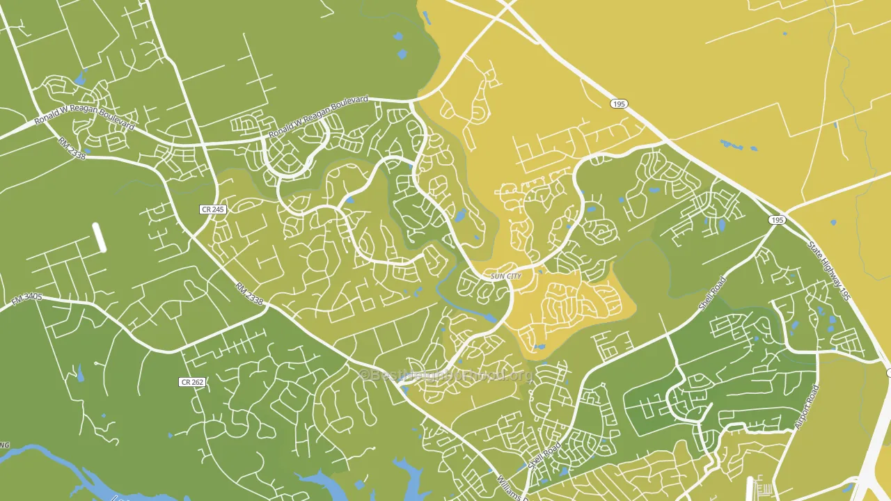 Map of the best neighborhoods in the Sun City, Georgetown area, with better matches in green and worse matches in red