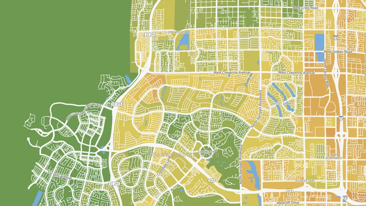 Map of the best neighborhoods in the Sun City Summerlin, Las Vegas area, with better matches in green and worse matches in red