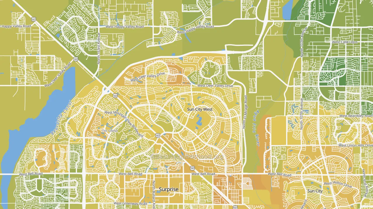 Map of the best neighborhoods in the Sun City West area, with better matches in green and worse matches in red