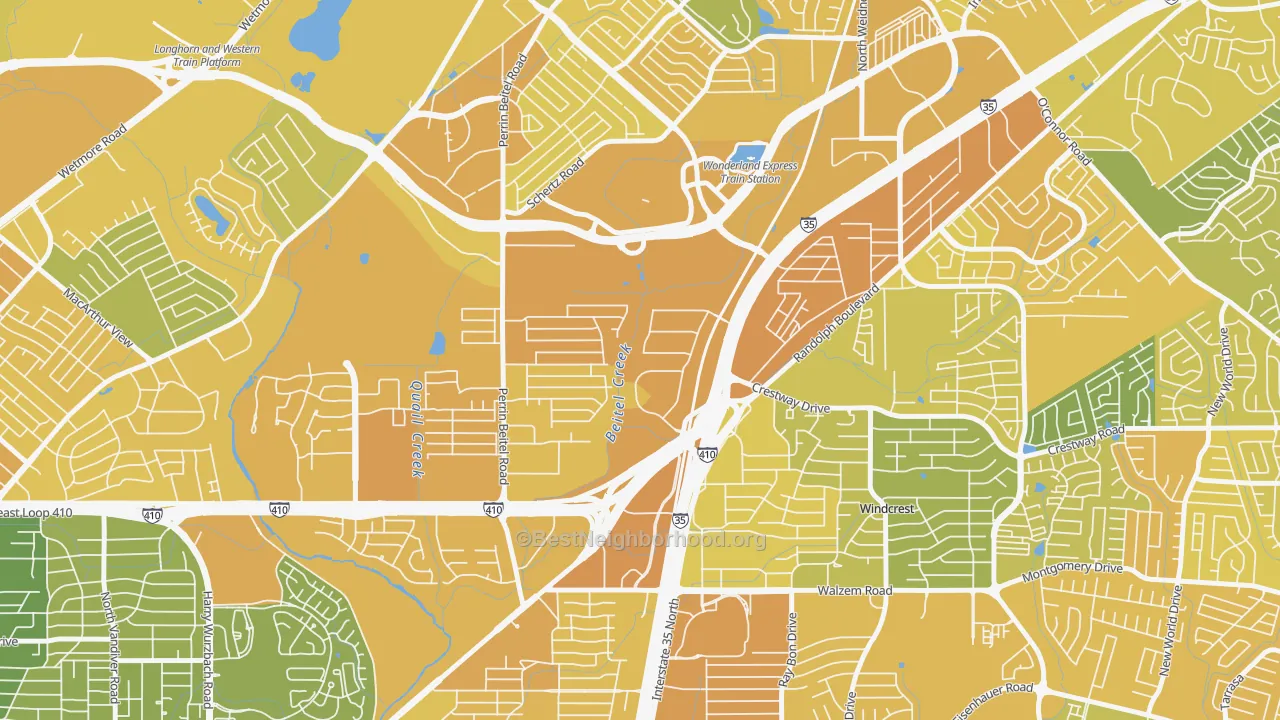 Map of the best neighborhoods in the Sun Gate, San Antonio area, with better matches in green and worse matches in red