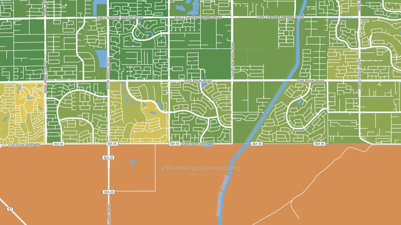 Map of the best neighborhoods in the Sun Groves, Chandler area, with better matches in green and worse matches in red