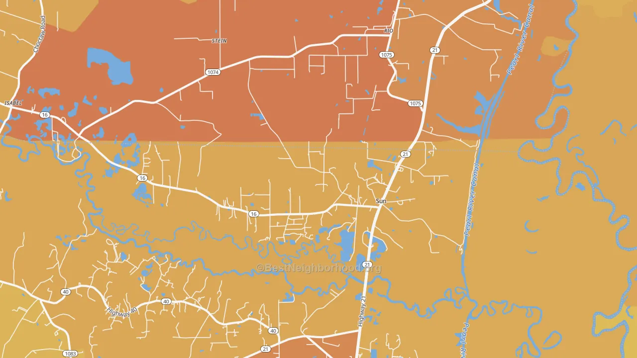 Map of the best neighborhoods in the Sun area, with better matches in green and worse matches in red