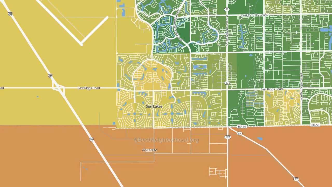 Map of the best neighborhoods in the Sun Lakes area, with better matches in green and worse matches in red