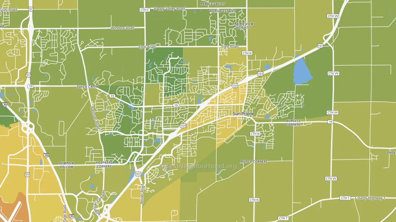 Map of the best neighborhoods in the Sun Prairie area, with better matches in green and worse matches in red