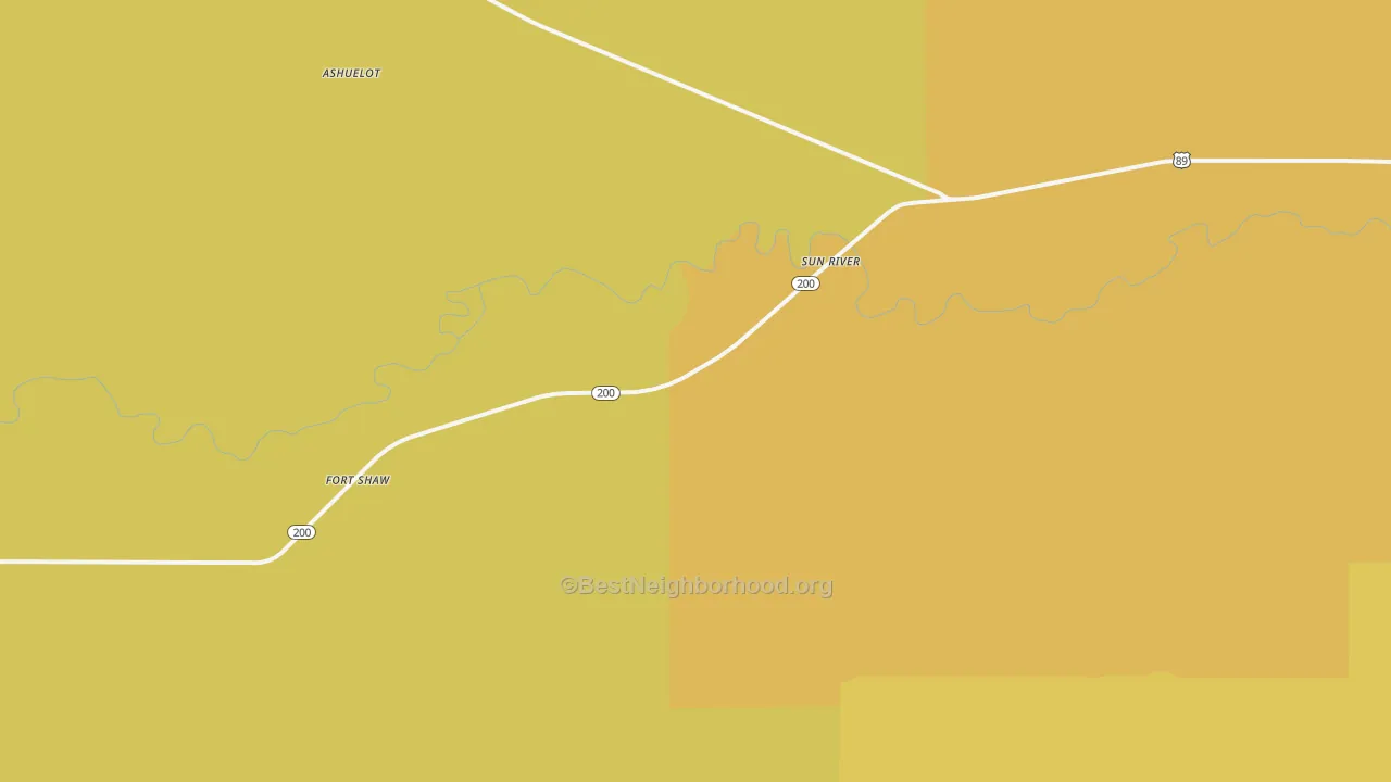 Map of the best neighborhoods in the Sun River area, with better matches in green and worse matches in red