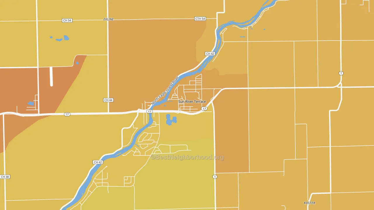Map of the best neighborhoods in the Sun River Terrace area, with better matches in green and worse matches in red