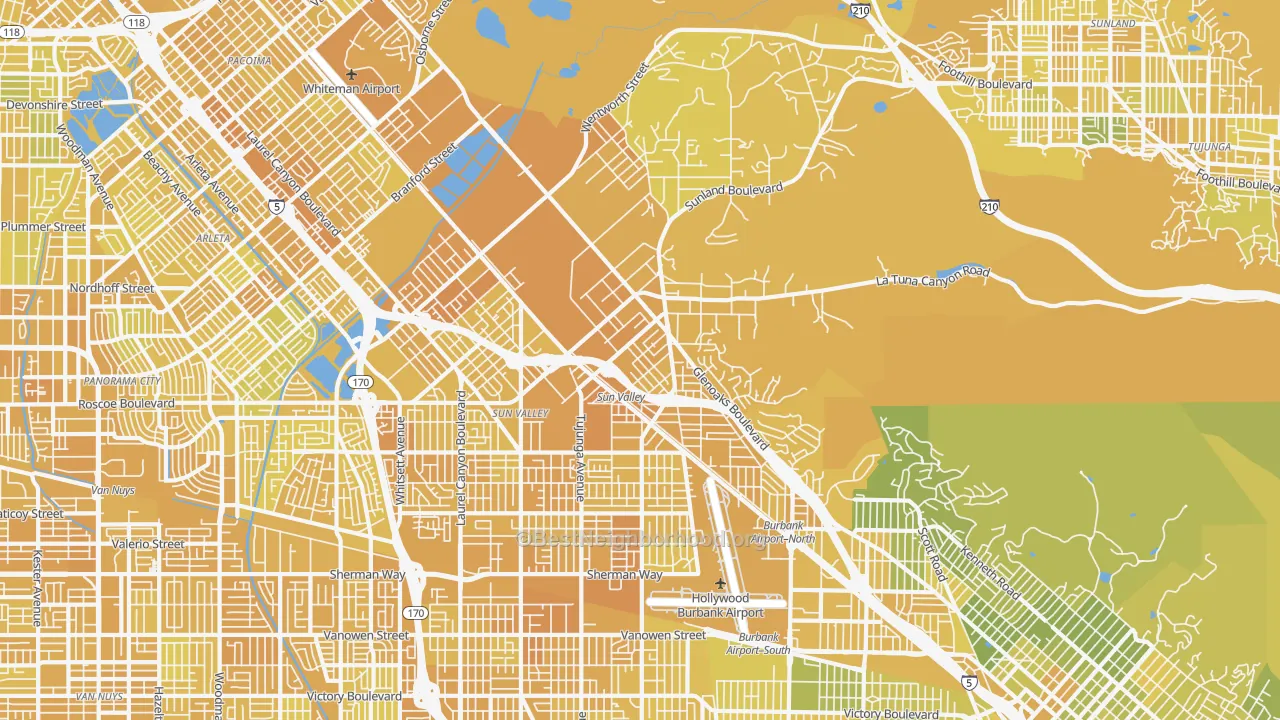 Map of the best neighborhoods in the Sun Valley area, with better matches in green and worse matches in red