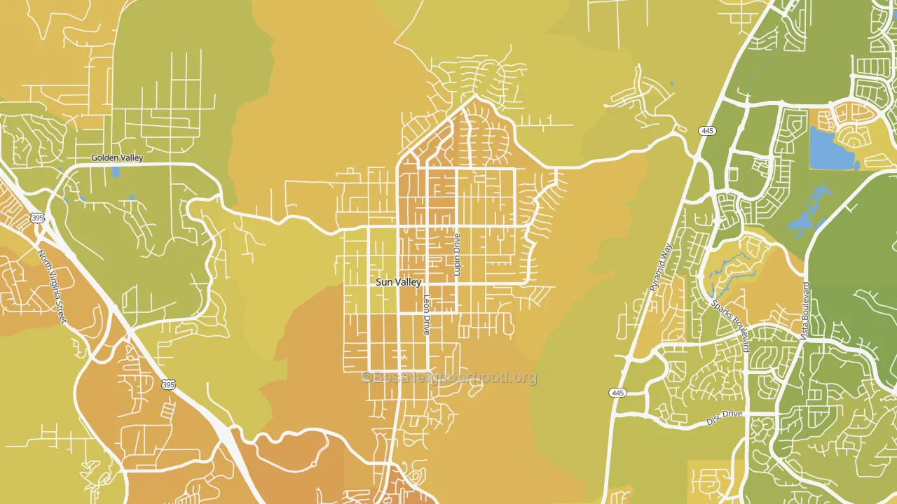 Map of the best neighborhoods in the Sun Valley area, with better matches in green and worse matches in red
