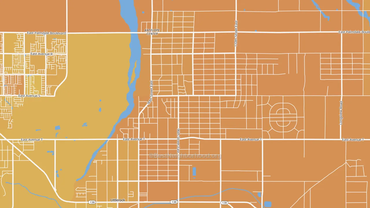 Map of the best neighborhoods in the Sun Village area, with better matches in green and worse matches in red