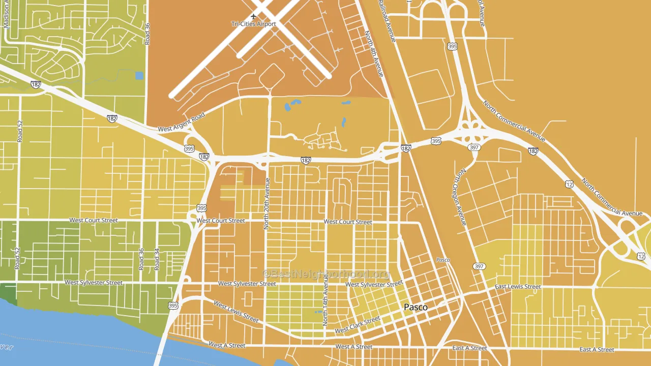 Map of the best neighborhoods in the Sun Willows, Pasco area, with better matches in green and worse matches in red