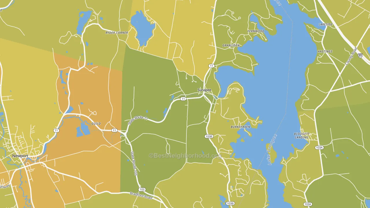 Map of the best neighborhoods in the Sunapee area, with better matches in green and worse matches in red