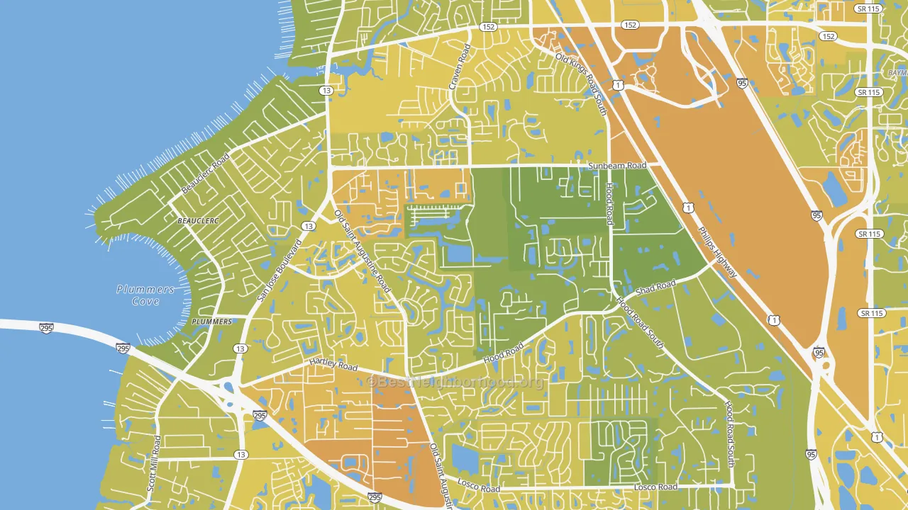 Map of the best neighborhoods in the Sunbeam, Jacksonville area, with better matches in green and worse matches in red